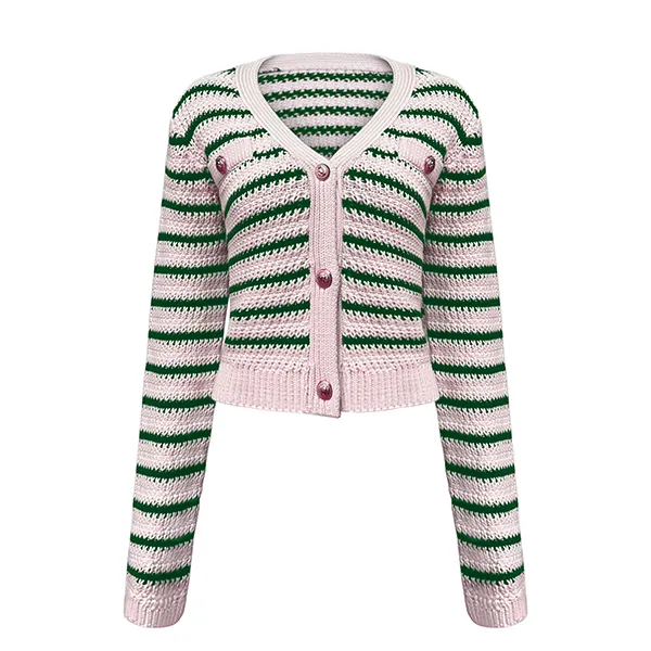 pink v-neck striped cropped chunky knit button up cardigan