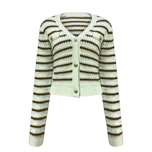 green v-neck striped cropped chunky knit button up cardigan