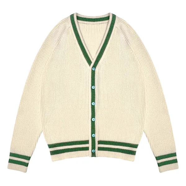striped trim v-neck varsity style ribbed knit cardigan