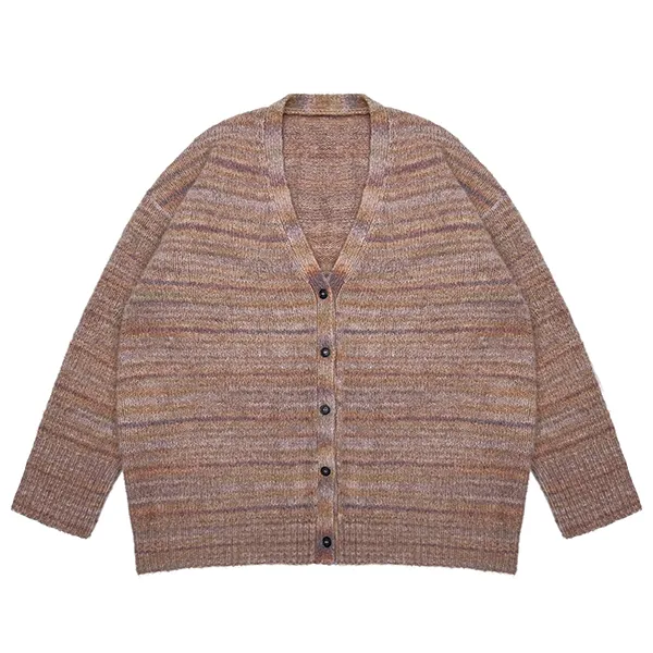 brown space dye v-neck cardigan with fuzzy knit texture