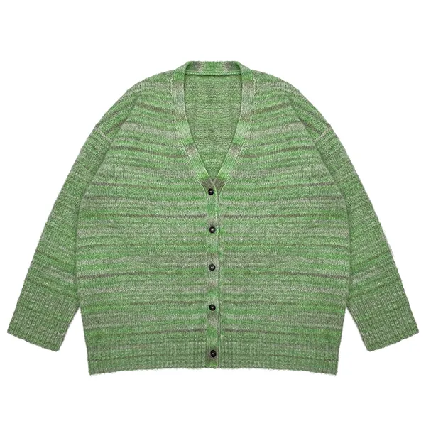 green space dye v-neck cardigan with fuzzy knit texture
