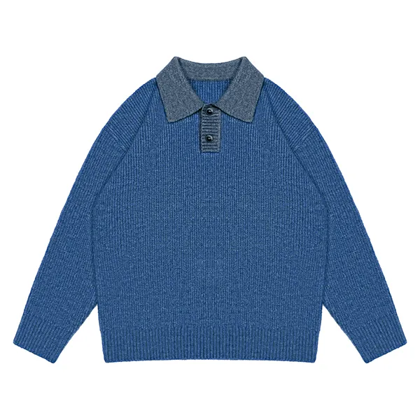 blue contrast collar polo sweater with ribbed knit design