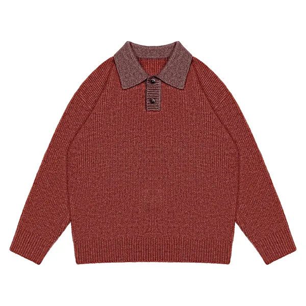 red contrast collar polo sweater with ribbed knit design