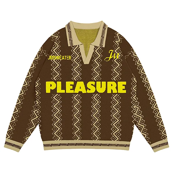 geometric jacquard polo sweater with graphic lettering