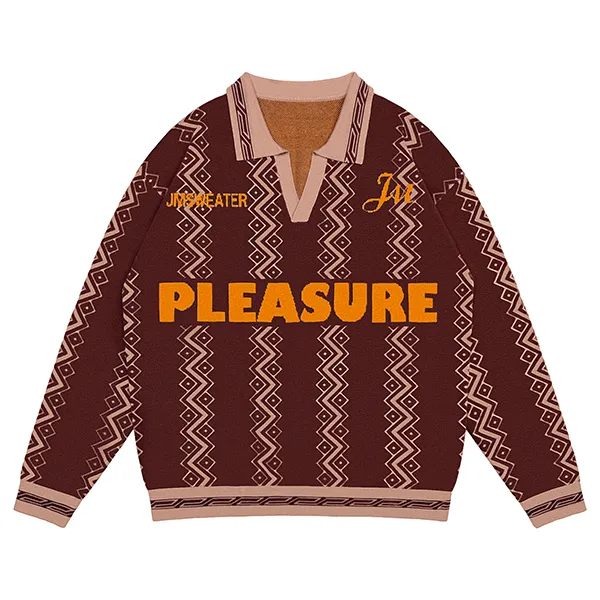 orange geometric jacquard polo sweater with graphic lettering