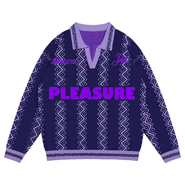 purple geometric jacquard polo sweater with graphic lettering