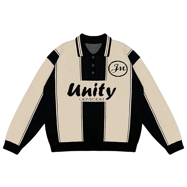 beige contrast block polo sweater with graphic script