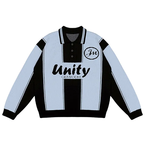 blue contrast block polo sweater with graphic script
