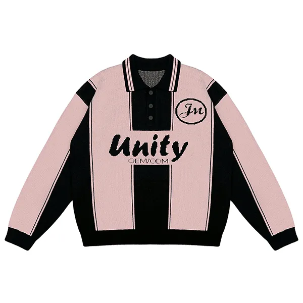 pink contrast block polo sweater with graphic script