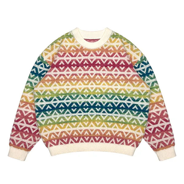 fair isle geometric jacquard sweater with rainbow stripes