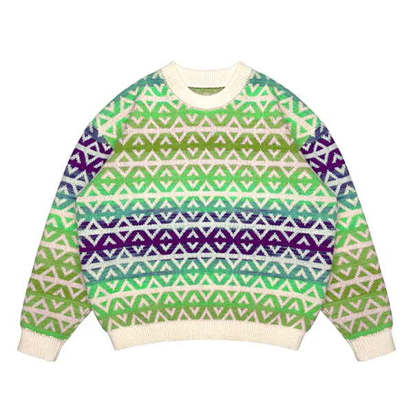 green fair isle geometric jacquard sweater with rainbow stripes