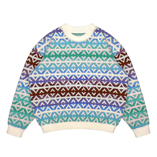 blue fair isle geometric jacquard sweater with rainbow stripes