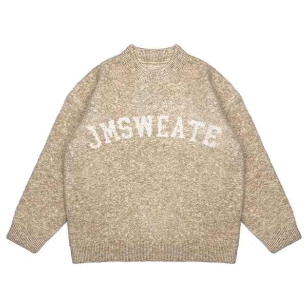 brown fuzzy brushed lettering sweater with arched graphic
