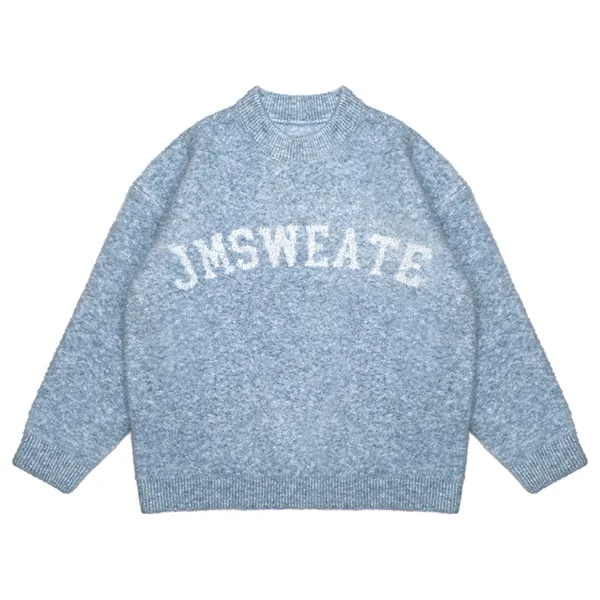 blue fuzzy brushed lettering sweater with arched graphic
