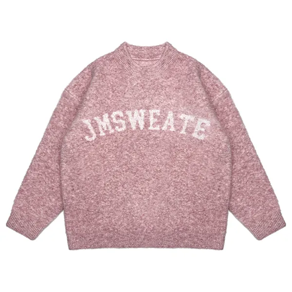 pink fuzzy brushed lettering sweater with arched graphic