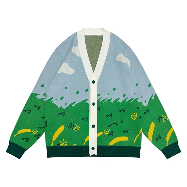 green landscape scenic jacquard cardigan with v neck button front