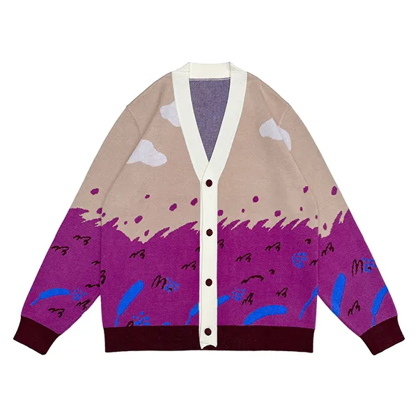 purple landscape scenic jacquard cardigan with v neck button front