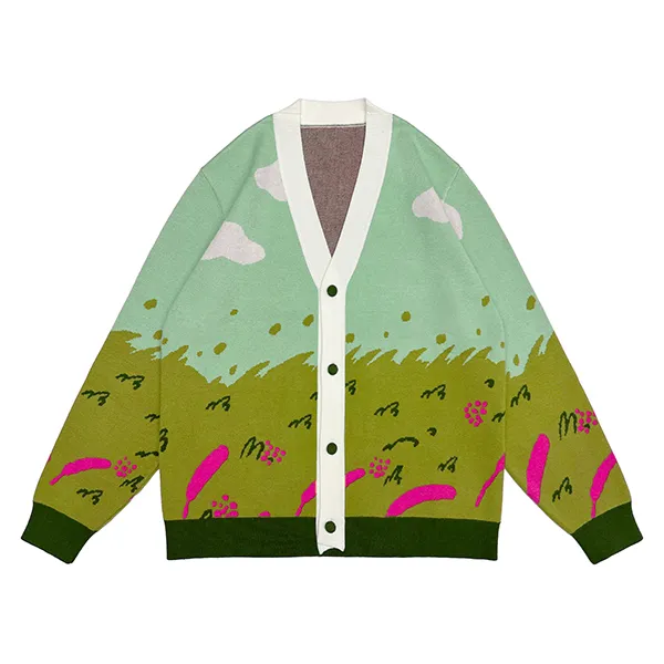 yellow landscape scenic jacquard cardigan with v neck button front