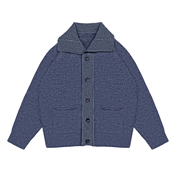 blue shawl collar knitwear cardigan with pockets and buttons