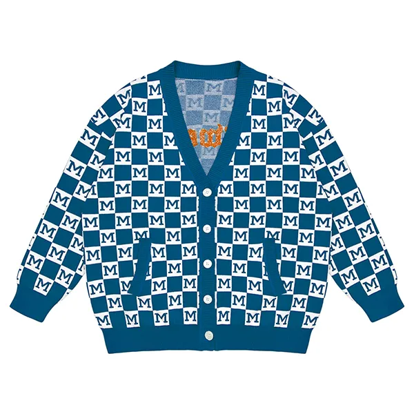 blue checkerboard lettering cardigan with v neck and pockets