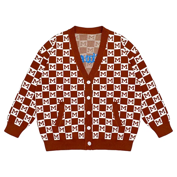 red checkerboard lettering cardigan with v neck and pockets