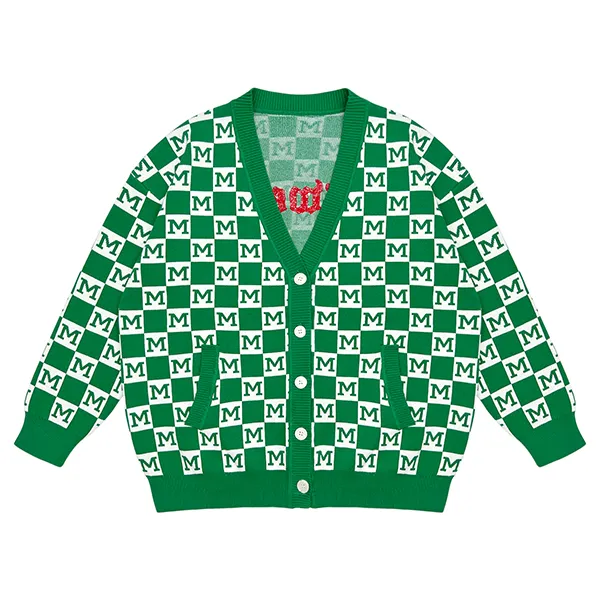 checkerboard lettering cardigan with v neck and pockets