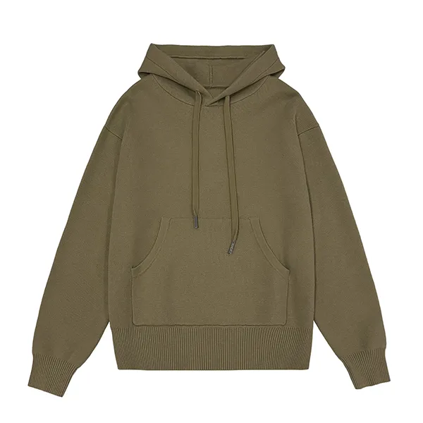 brown knitted hooded sweater with drawstring and kangaroo pocket