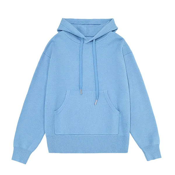 blue knitted hooded sweater with drawstring and kangaroo pocket
