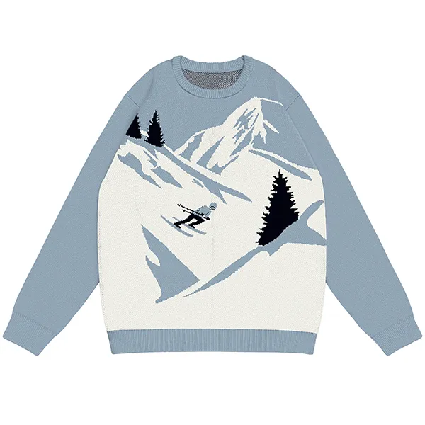 ski mountain winter scene jacquard knitted pullover sweater
