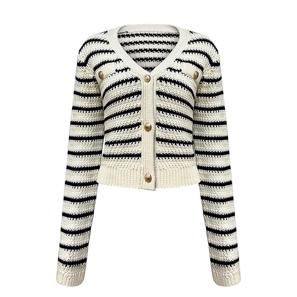 v-neck striped cropped chunky knit button up cardigan