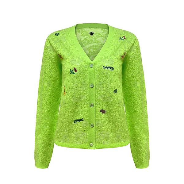 pointelle knit v-neck cardigan with embroidered motifs