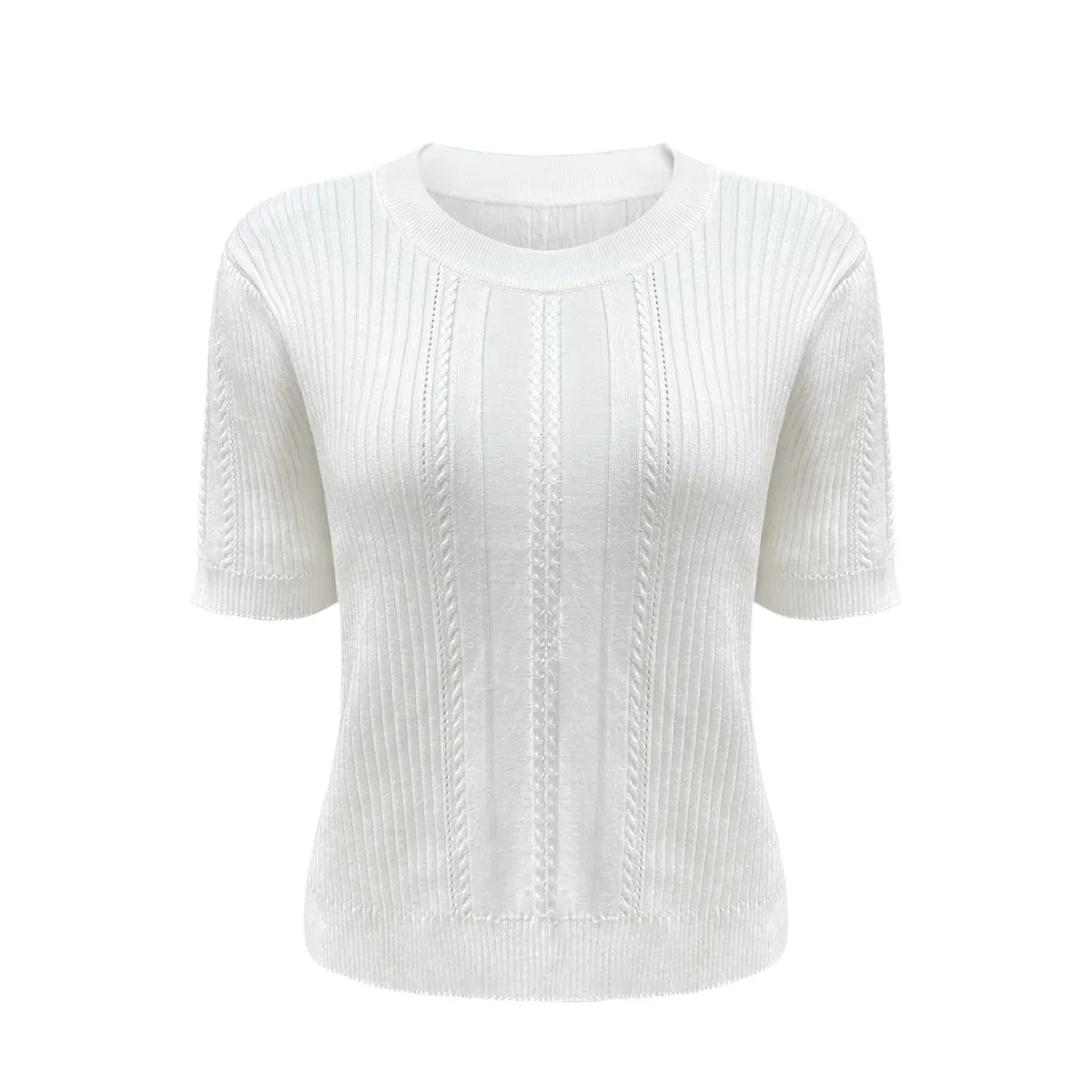 Vintage Rib-Knit Cable-Stitch Short Sleeve Jumper