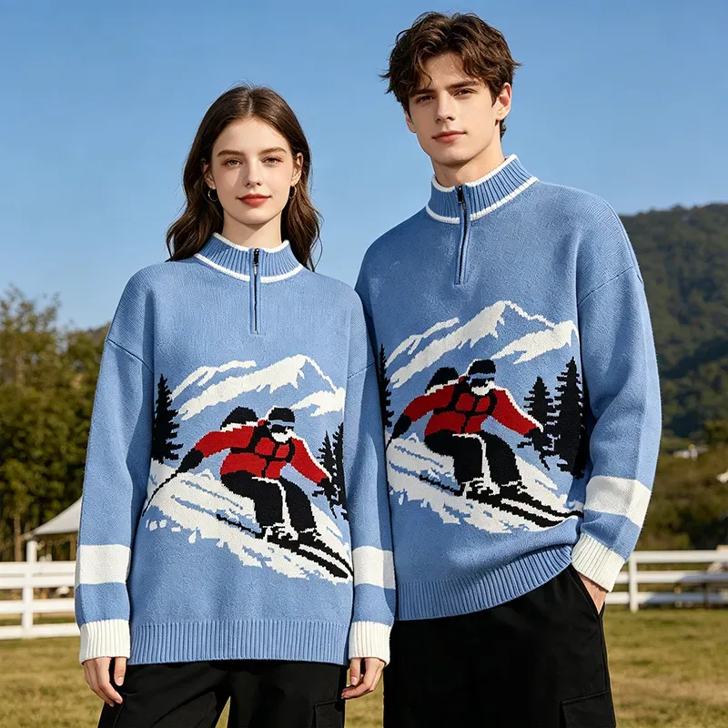 Alpine Skier Intarsia Relaxed Fit Quarter-Zip Sweater