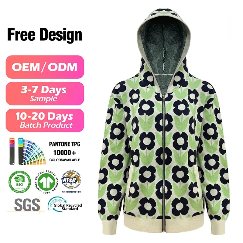 Oversized Retro Bloom Jacquard Zip-Up Knit Hoodie