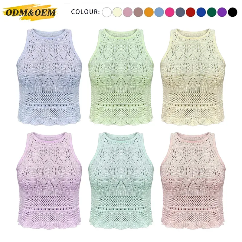 Cropped Halter Pointelle Knit Sleeveless Vest Cami