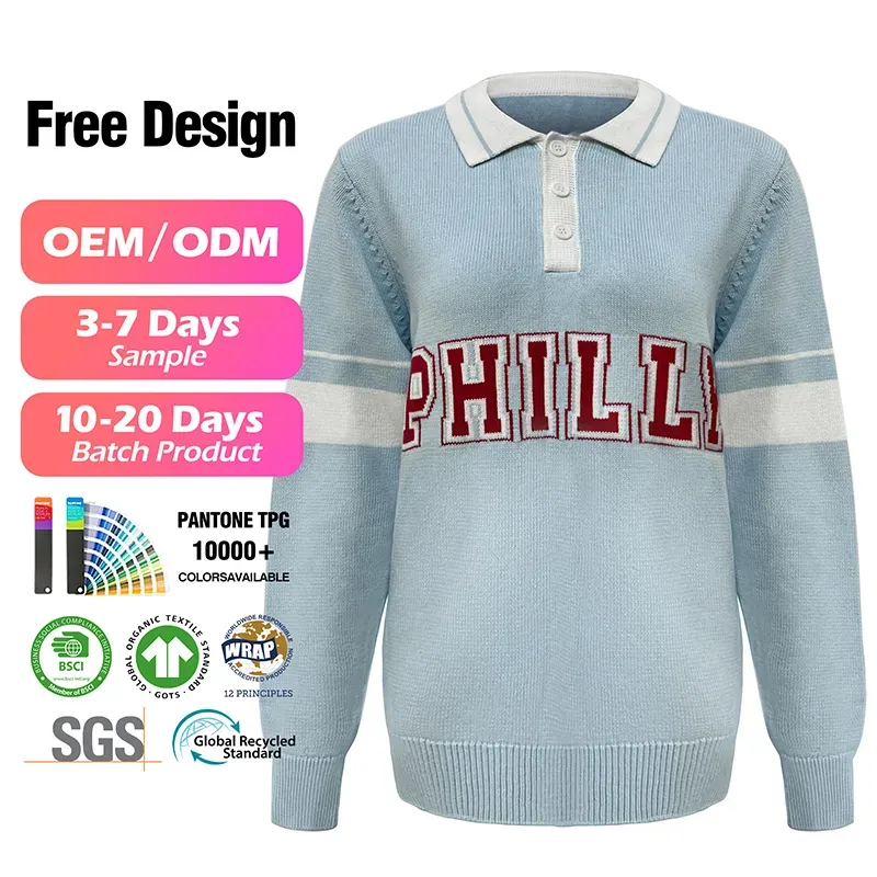 Varsity Stripe Embroidery Long Sleeve Polo Knit Sweater