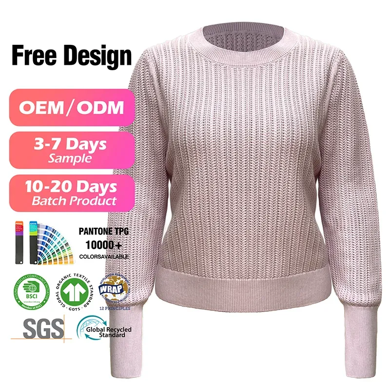 Ribbed Half Cardigan Crewneck Extra Long Cuff Sweater
