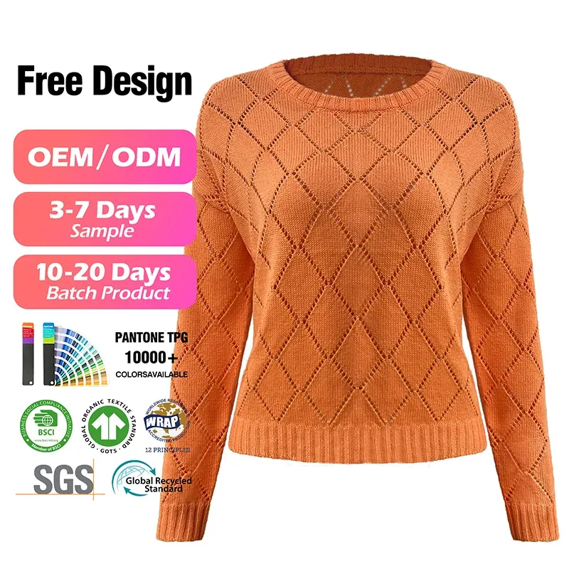 Pointelle Argyle Diamond Knit Crewneck Sweater