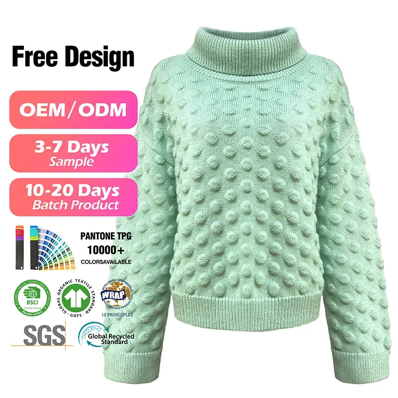 Popcorn Bobble Knit 3D Textured Turtleneck Sweater