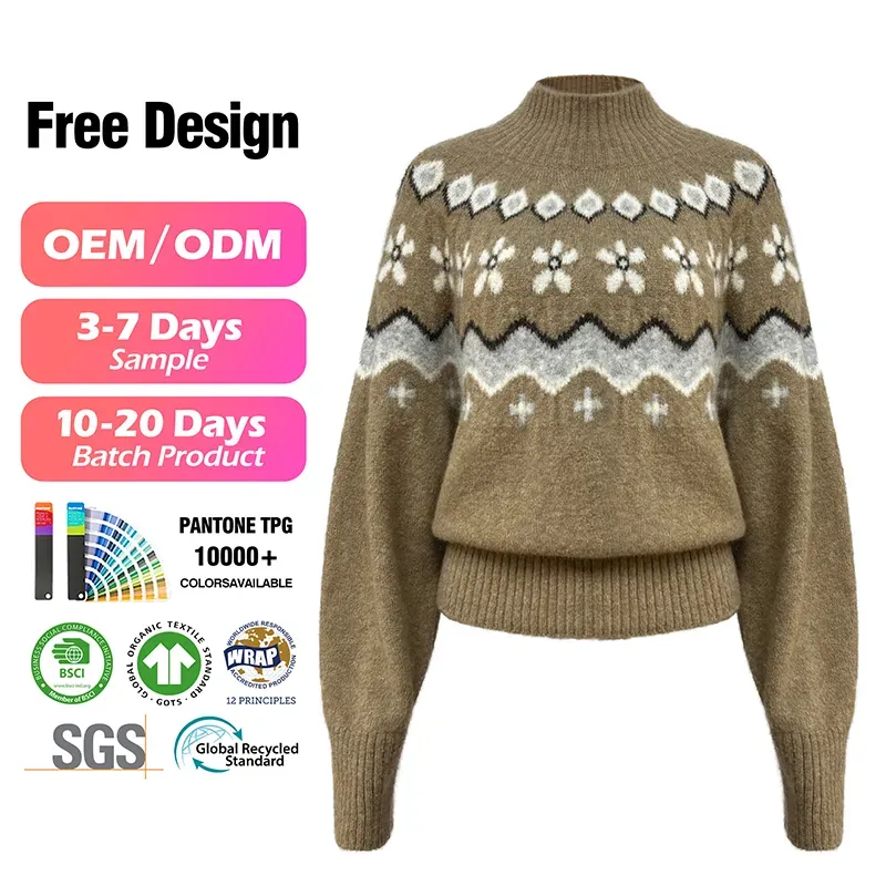 Fair Isle Mock Neck Textured Geometric Knit Sweater