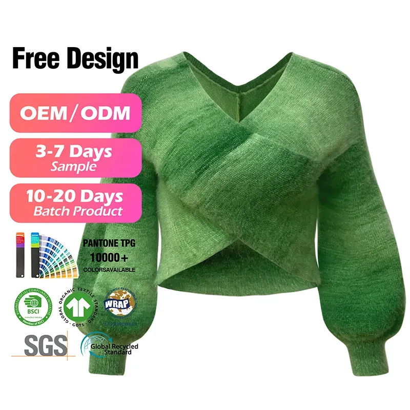 Space-Dye Wrap Front Cropped Lantern Sleeve Sweater