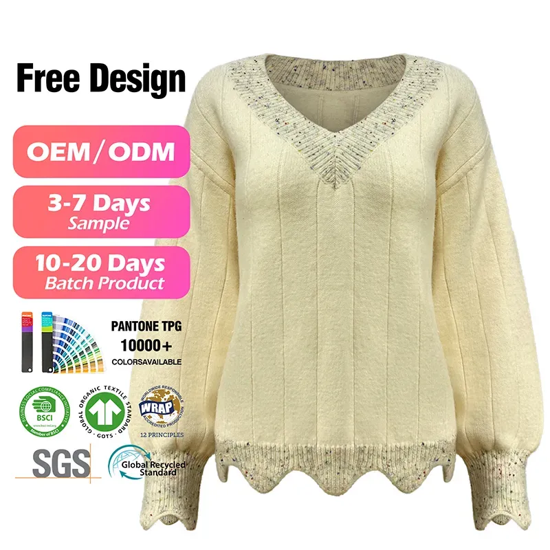 Nep Yarn V-Neck Scalloped Hem Cardigan Stitch Sweater