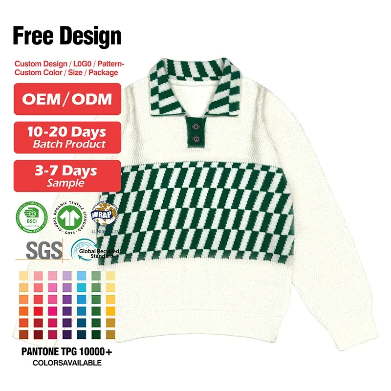 Retro Checkered Jacquard Cable Knit Polo Sweater