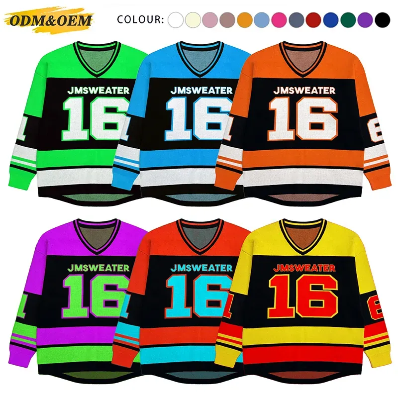 Varsity Sports V-Neck Hockey Jersey Style Jacquard Sweater