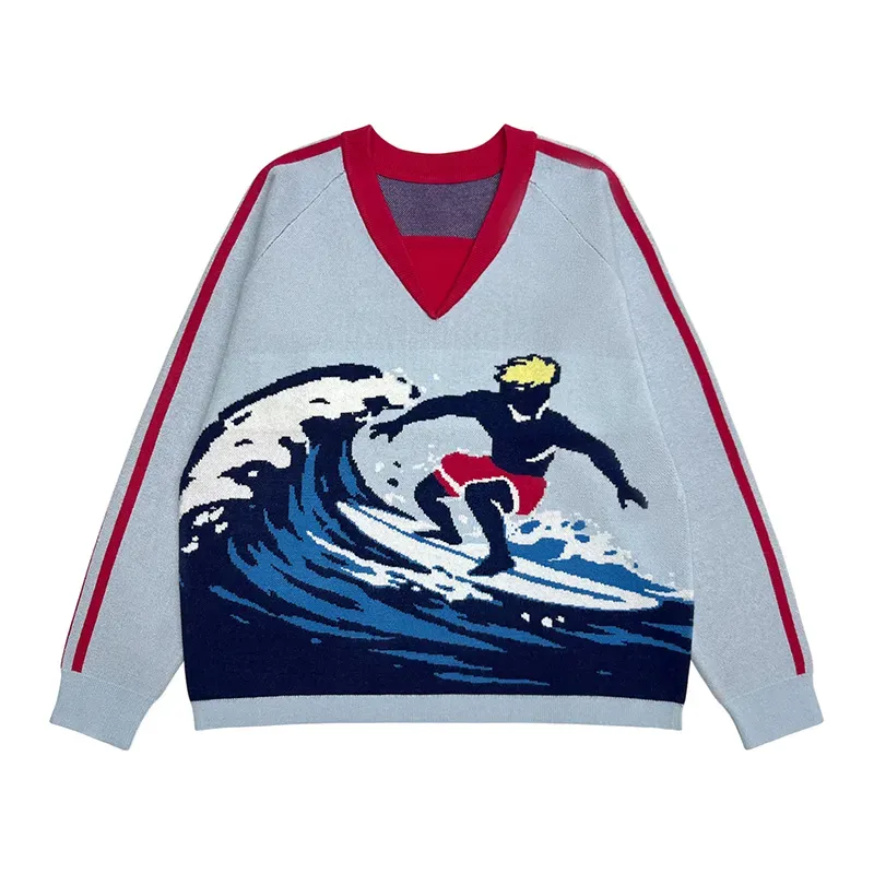 Surfing Landscape Jacquard V-Neck Knit Sweater