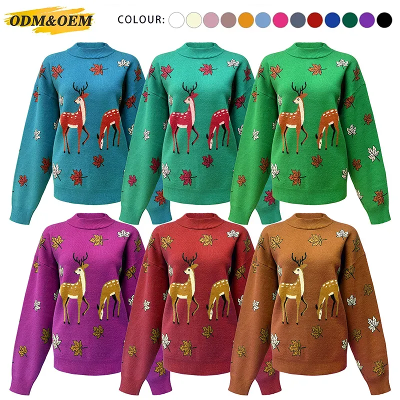 Forest Deer Landscape Jacquard Mock Neck Sweater