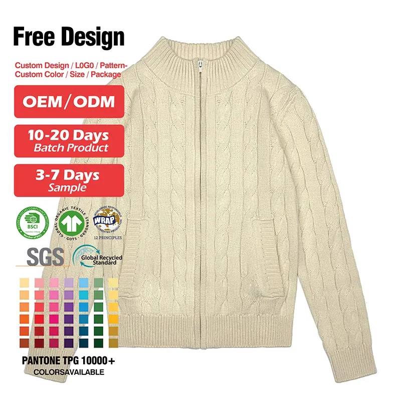 Heavyweight Cable Knit Zip Cardigan: Stand Collar Sweater
