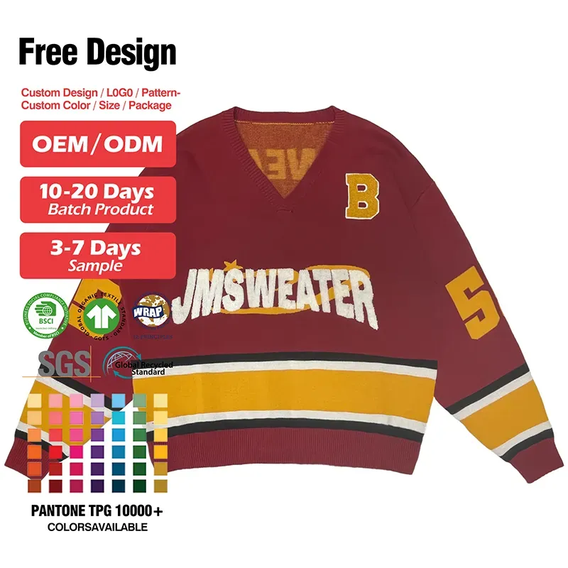 Custom Varsity V-Neck Sweater: Retro Intarsia Knit Pullover