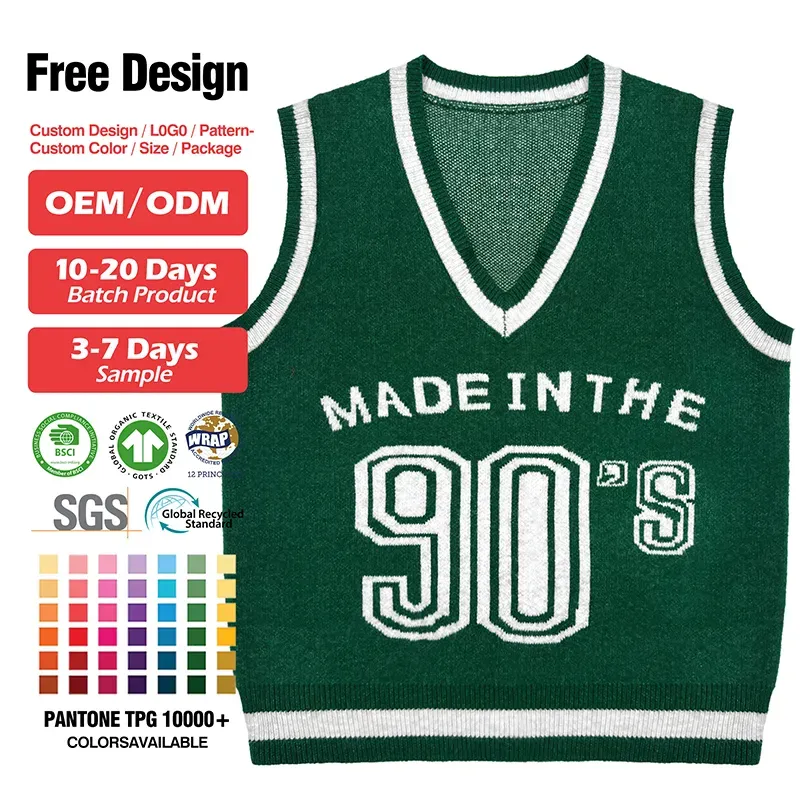 Custom 90s Retro V-Neck Knit Vest: Intarsia Varsity Pullover
