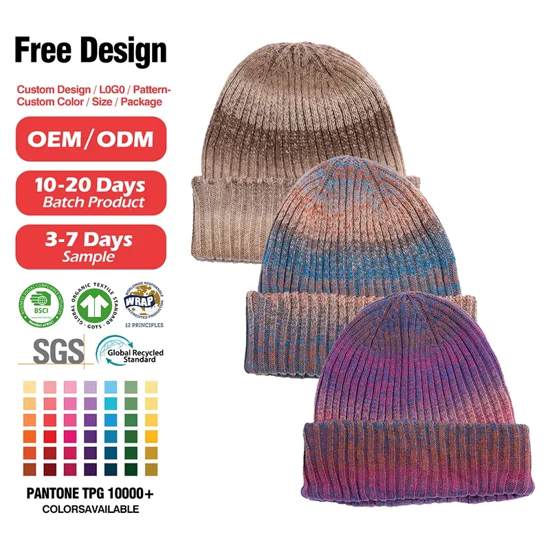 Custom Space-Dye Ribbed Knit Beanie: Chunky Gradient Hat With Blue and